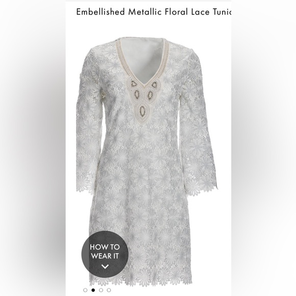 NWT🙌 Boston Proper Embellished Metallic Floral Lace Tunic Dress - Picture 2 of 5